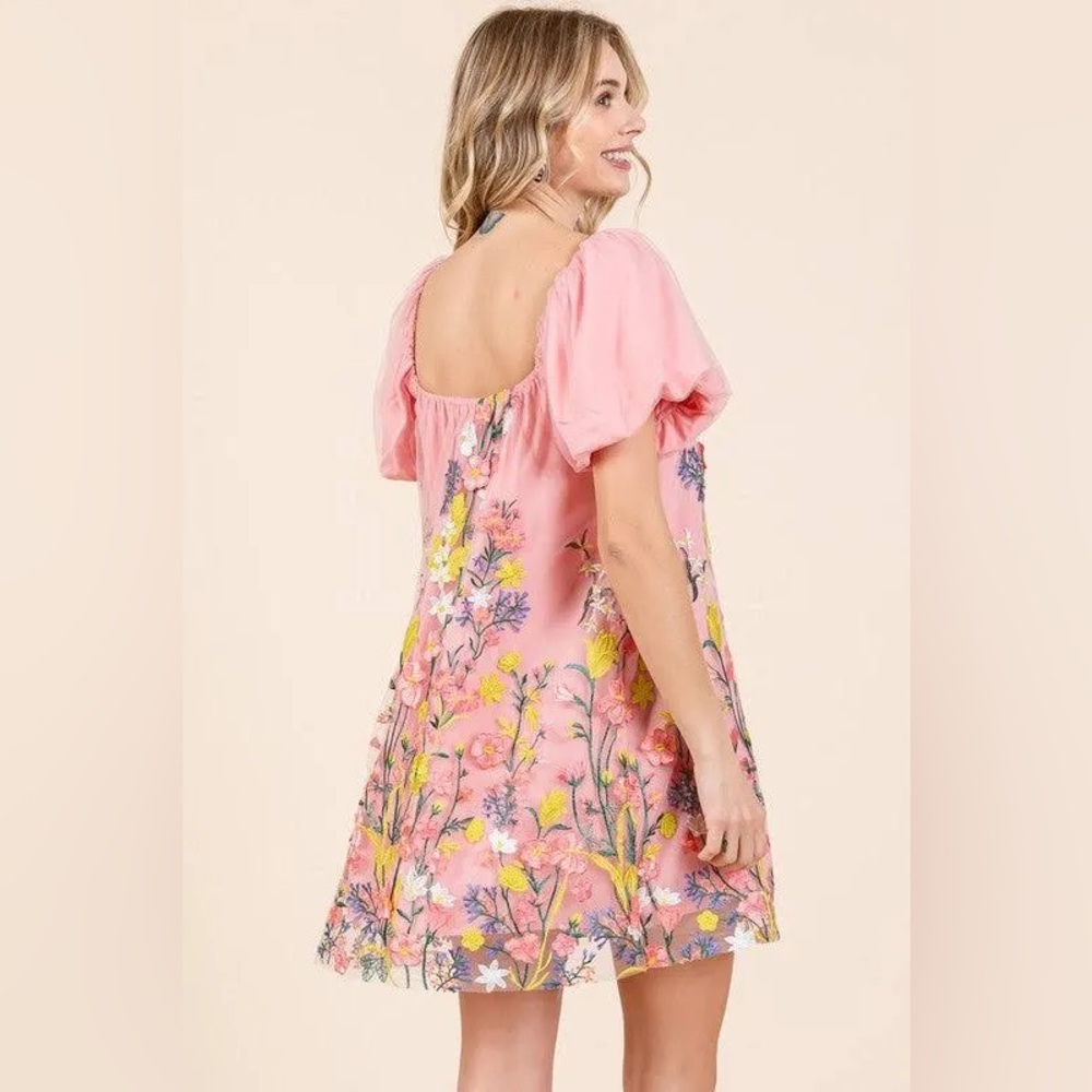 NWT GeeGee Floral Pink Puff Sleeve Dress - Picture 3 of 9